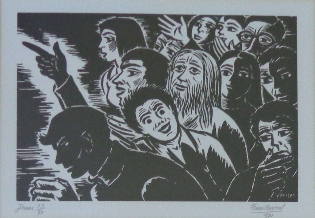 FRANS MASEREEL / JEUNES / ZW-W HOUTSNEDE / 57x70cm / KADER, Signé, Enlèvement ou Envoi, Gravure sur bois