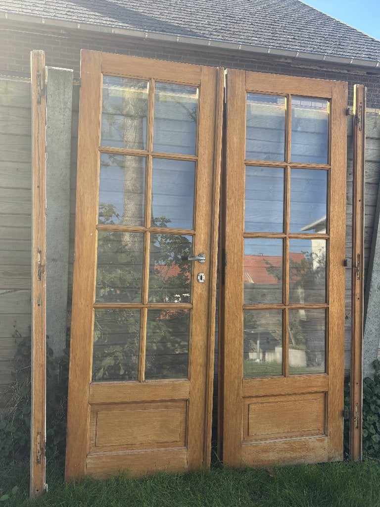 Dubbele massief houten deuren met glas, Ophalen, Gebruikt, 120 cm of meer, Binnendeur
