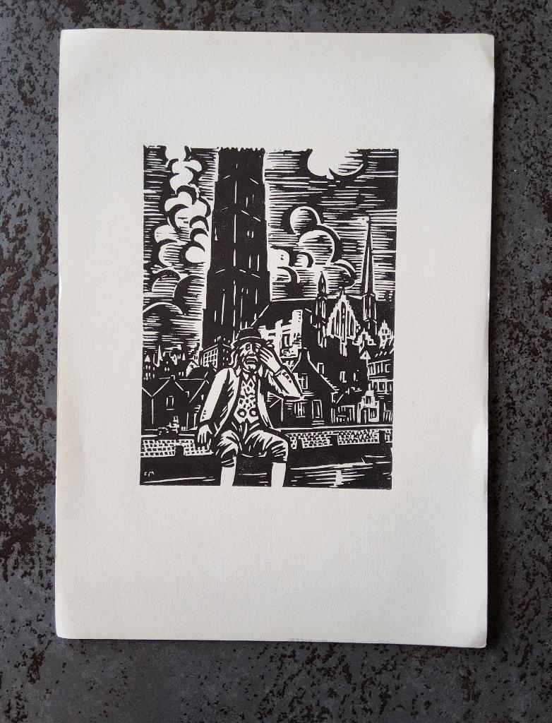 Houtsnede Mechelen Op Sinjoorke door Frans Masereel, 28 cm, 1950 - 1999, Stadsgezicht, 19 cm