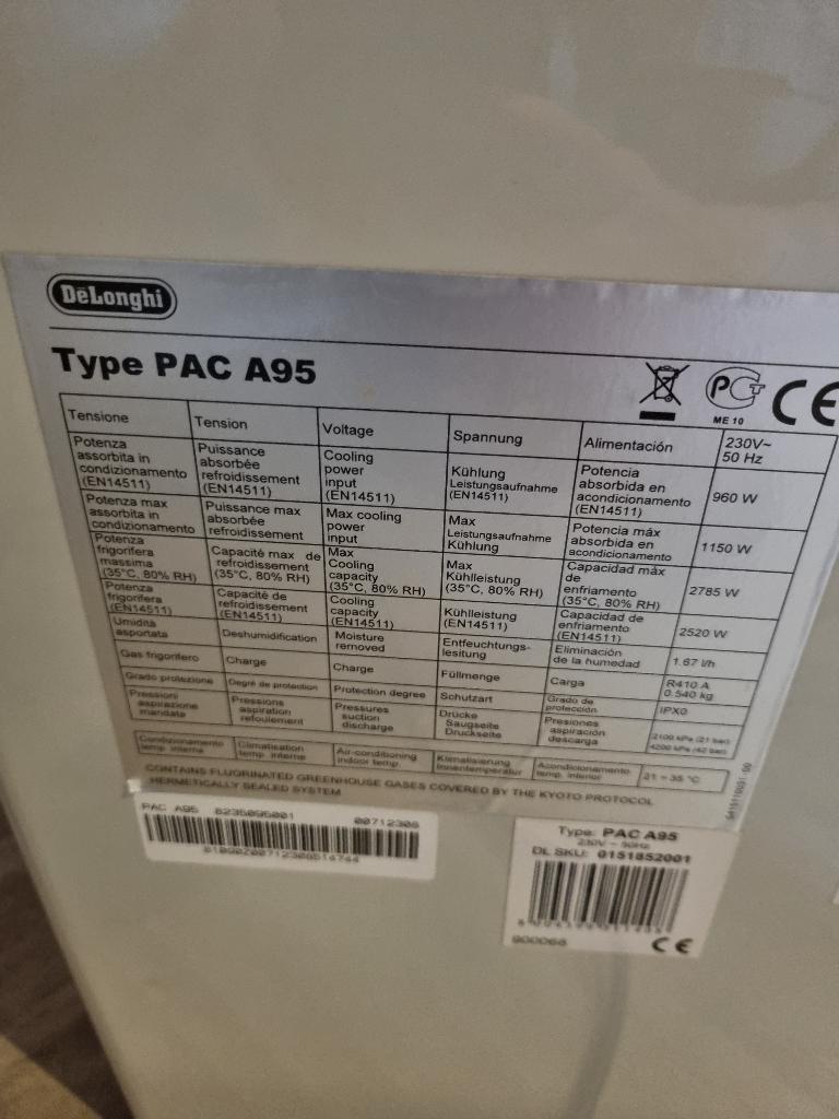 Mobiele Airco Delonghi PACA95, Elektronische apparatuur, Airco's, Ophalen, 2 snelheden, Zo goed als nieuw, Koelen en Ontvochtigen