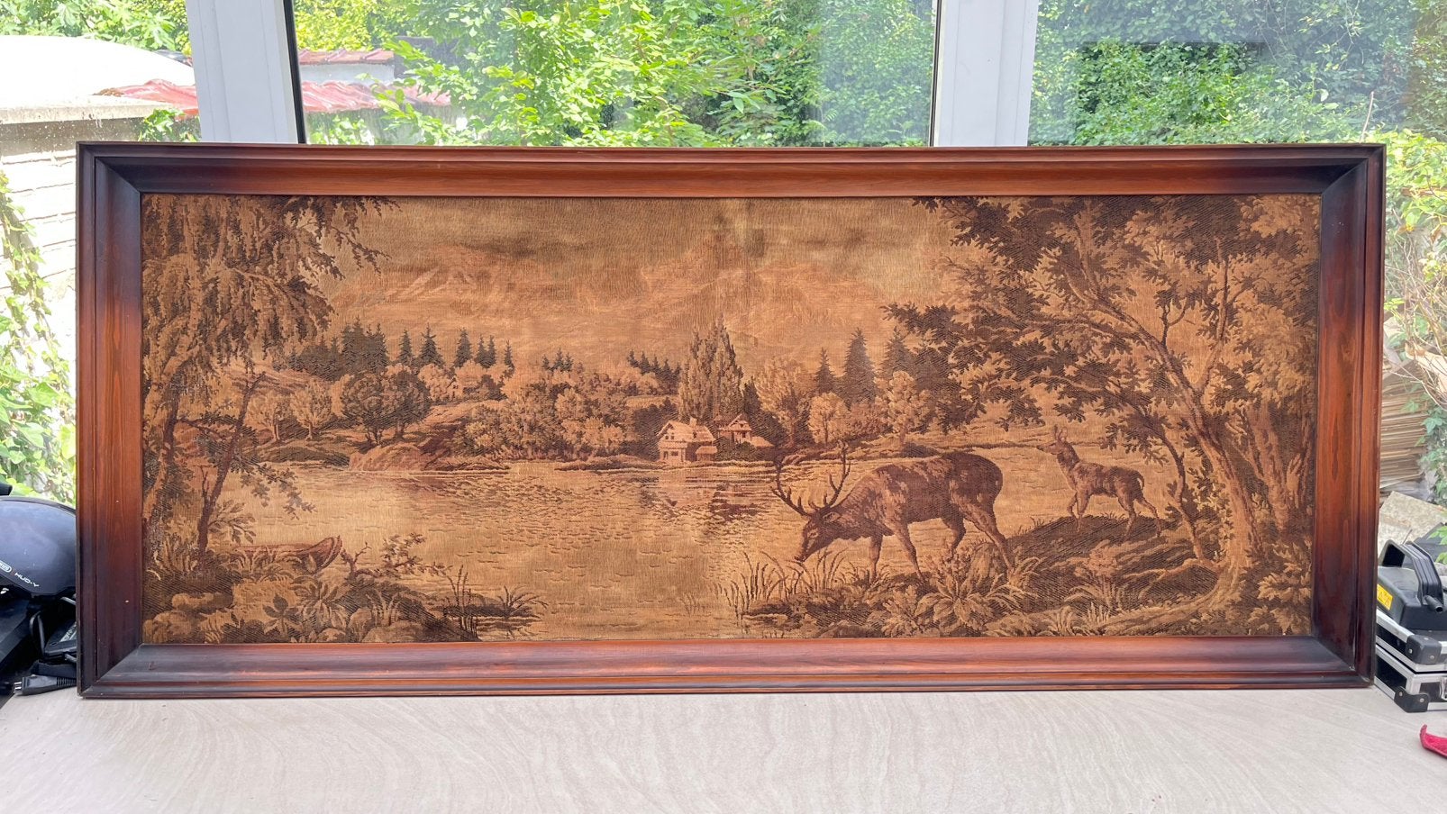 Groot ingelijst vintage jacquardtapijt — 180 x 70 cm, Tuin en Terras, Ophalen, Zo goed als nieuw, Hout