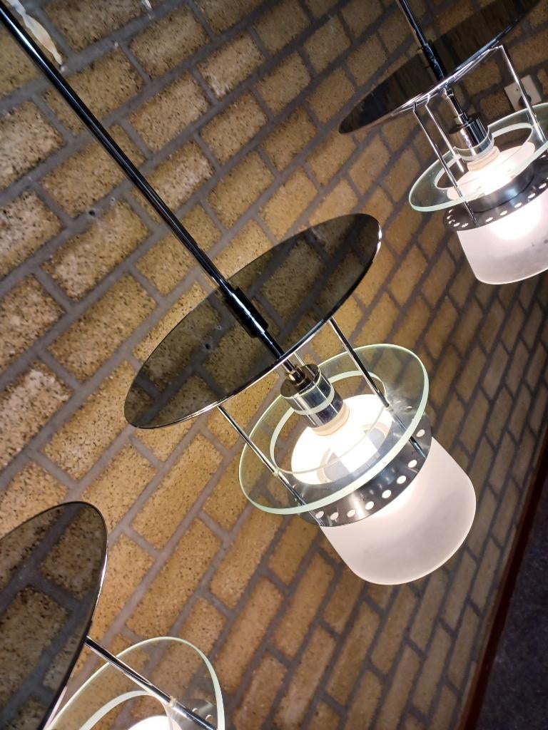 Zeldzame Vintage Industriële Hanglampen –set van 3 stuks, Ophalen, Zo goed als nieuw, Glas, 75 cm of meer