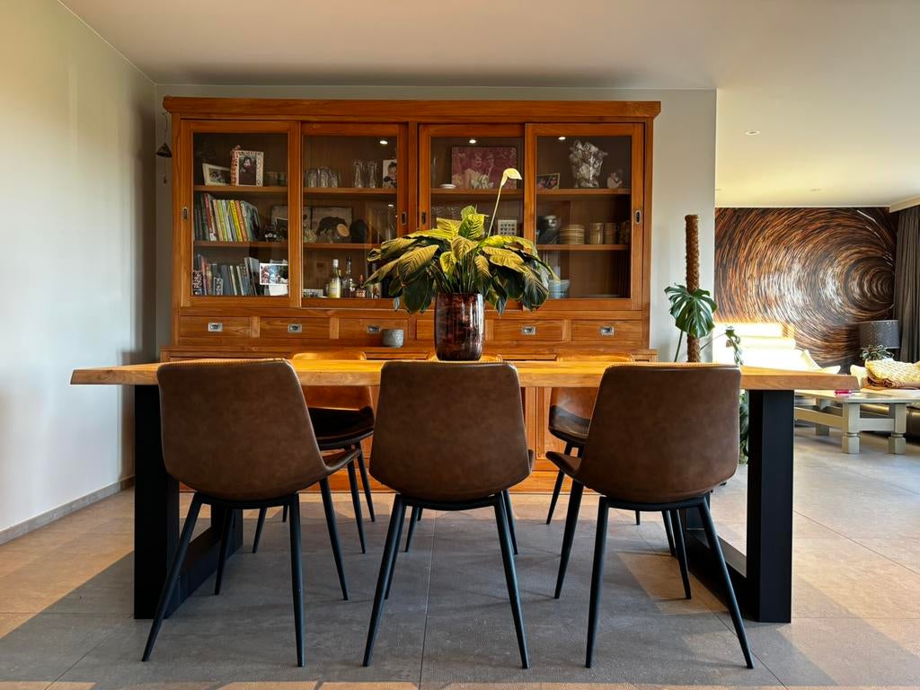 Handgemaakte massieve eiken boomstam tafel, Maison & Meubles, Salles à manger complètes, Neuf, 6 à 8 chaises, Enlèvement