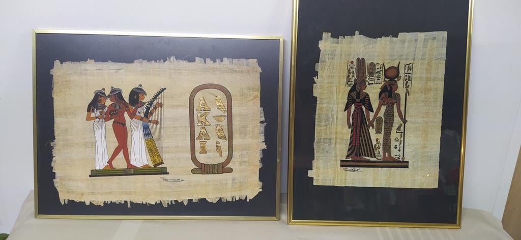 Egyptische schilderijen uit papyrus met goudkleurig kader., Antiek en Kunst, Ophalen
