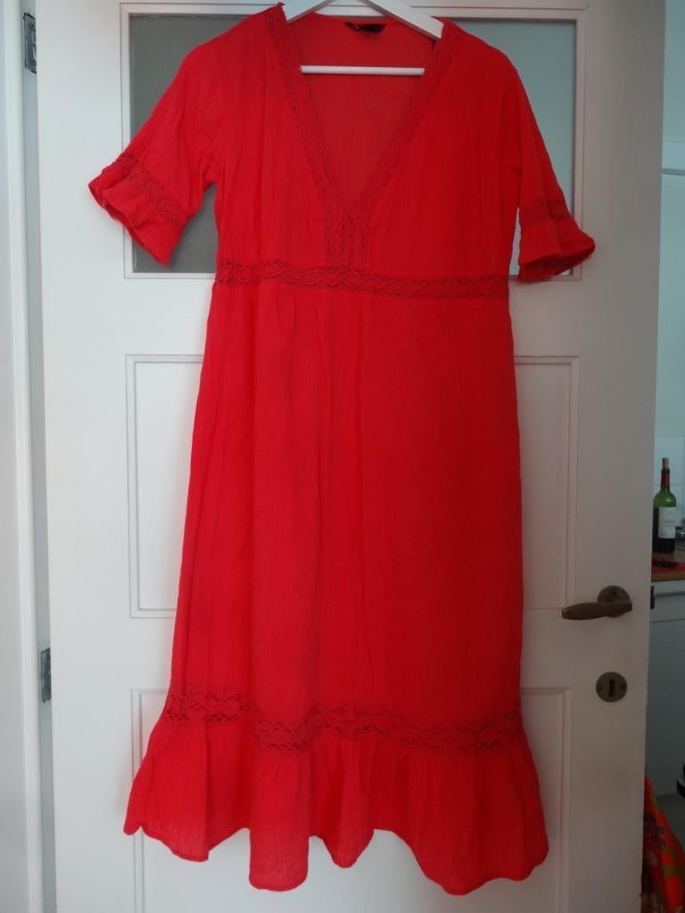 Robe bohème rouge coquelicot coton broderie crochet 36-38, Rouge, Taille 38/40 (M), Enlèvement ou Envoi, Porté