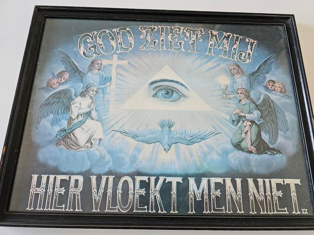 Antiek religieus Tekstbord ' god ziet u  hier vloekt men nie, Enlèvement ou Envoi