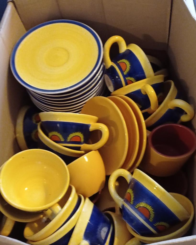 retro servies donkerblauw met zonnebloemen -heel mooi-intact, Ophalen