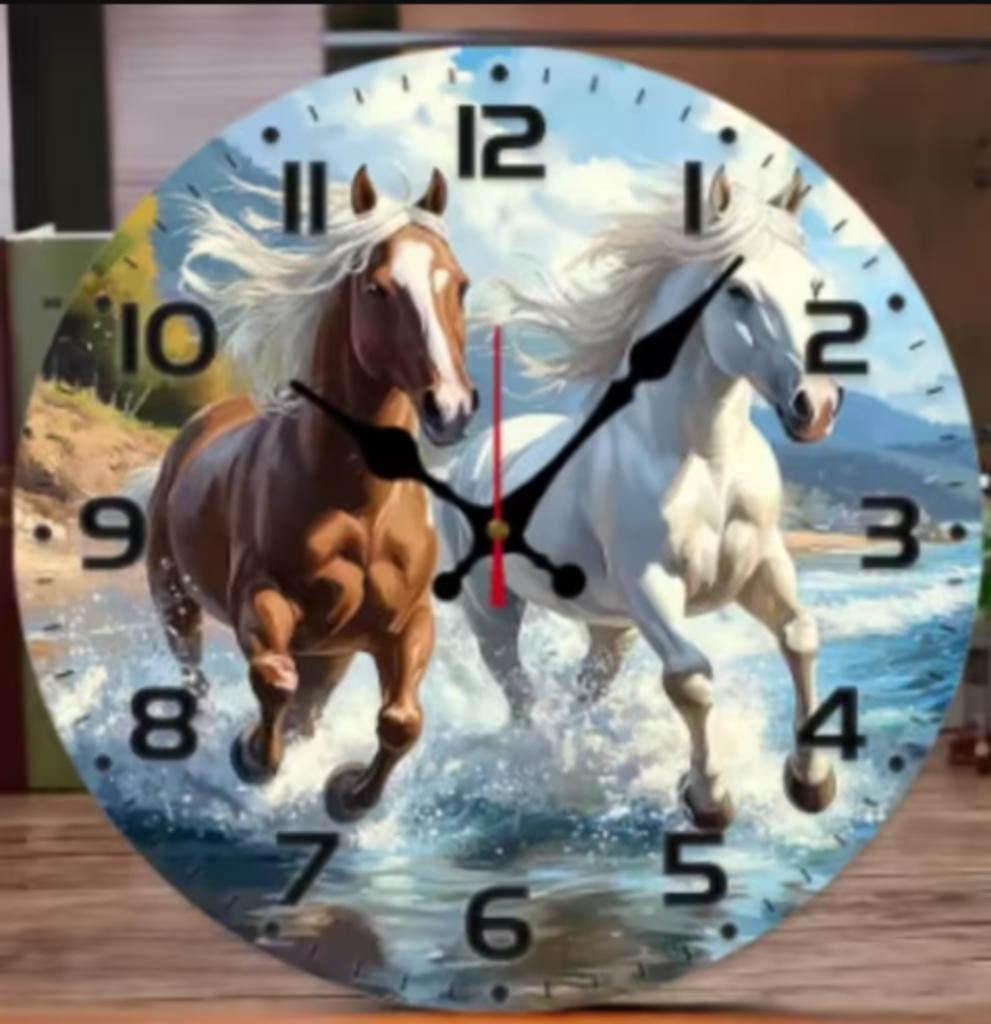 Ronde wandklok van hout analoge 2 paarden (25cm), Ophalen of Verzenden, Nieuw, Wandklok