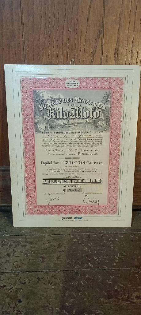 Action "Société des Mines d'Or de Kilo-Moto",27x34,n57, Enlèvement ou Envoi, 1920 à 1950, Action