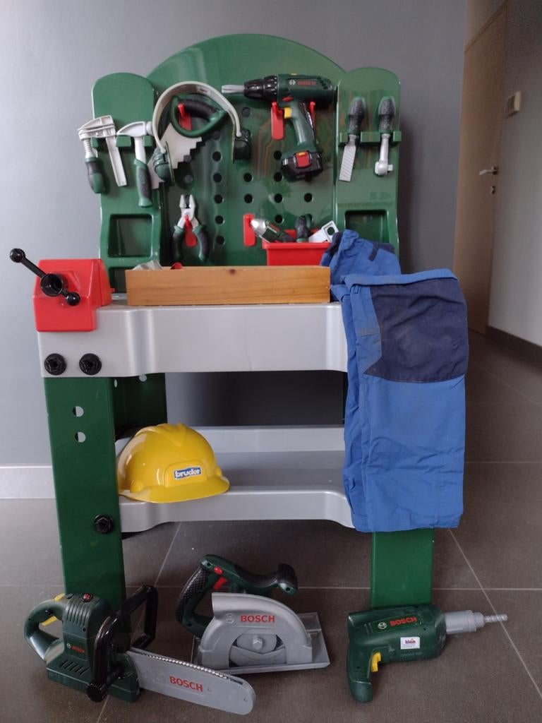 Werkbank met toebehoren + Werkbroek maat 115-124., Kinderen en Baby's, Ophalen