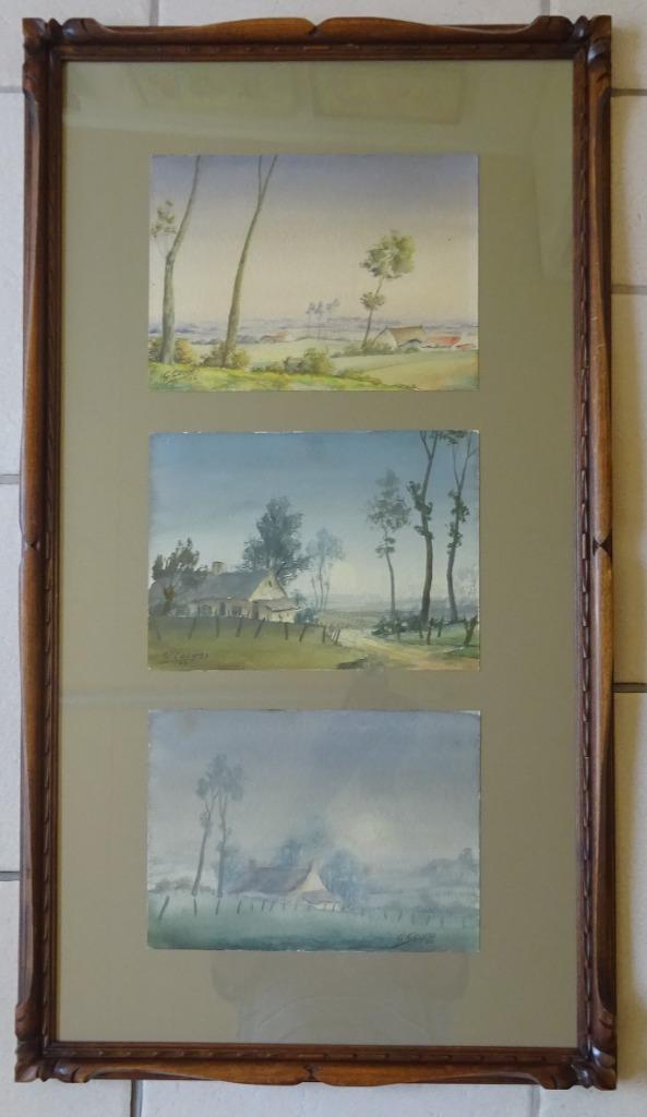 Gies Cosyns, 3 originele aquarellen in 1 lijst, Antiek en Kunst, Ophalen