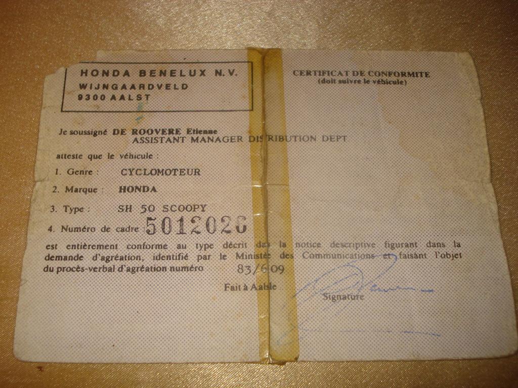Ancien Certificat Conformité Cyclomoteur Honda SH50 Scoopy, Ophalen of Verzenden, Honda