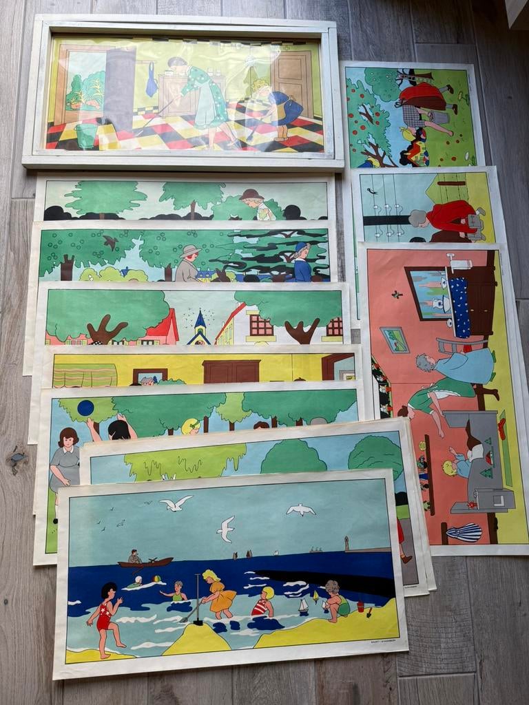 13 oude schoolprenten in houten wisselkader Baert, Antiek en Kunst, Antiek | Schoolplaten, Ophalen of Verzenden