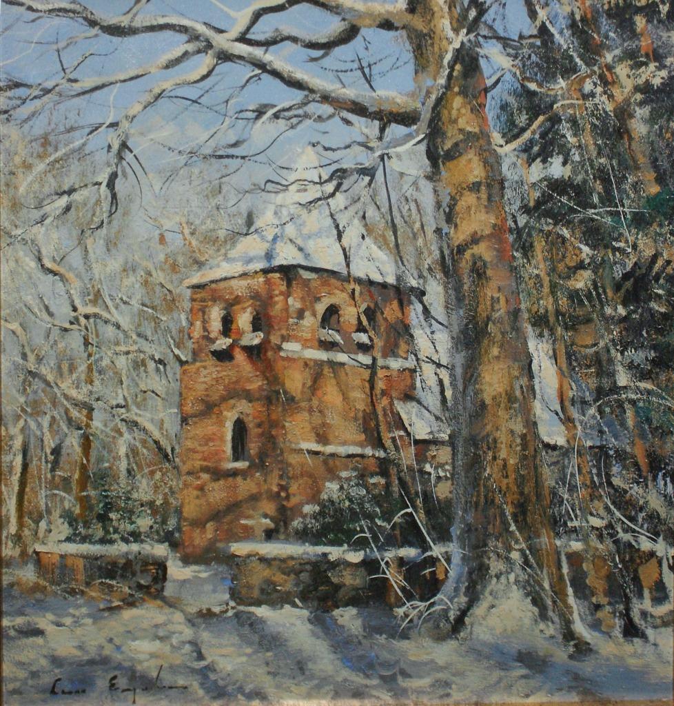 Leon Engelen (1943): Kerkje in de winter (O/D, 61 x 66 cm), Antiek en Kunst, Ophalen of Verzenden