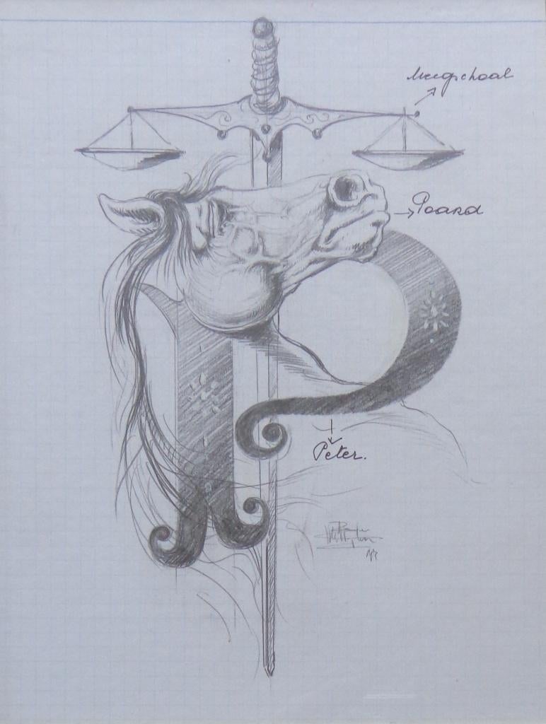 ROGER VAN BELLEGHEM / SYMBOLEN / ORIGINEEL / 41x32cm / KADER, Antiek en Kunst, Kunst | Tekeningen en Fotografie, Ophalen of Verzenden