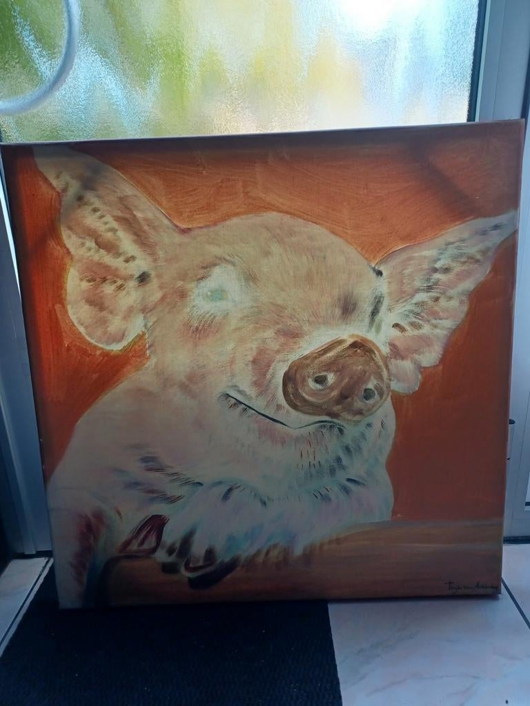 Schilderij blij varken van Tanja Van Achterberg, Enlèvement