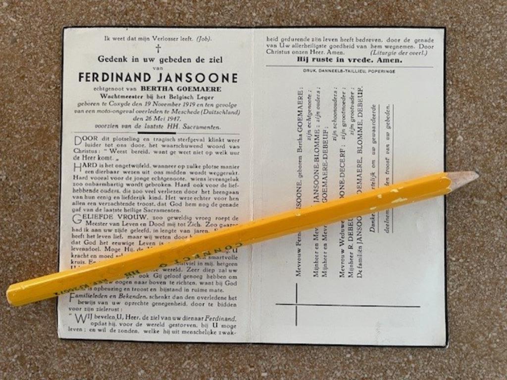 WACHTMEESTER COXYDE FERDINAND JANSOONE MOTO ONGEVAL 1947, Collections, Images pieuses & Faire-part, Enlèvement ou Envoi, Image pieuse