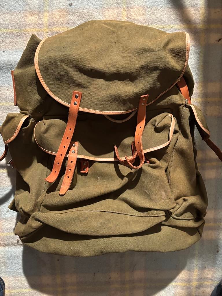 Vintage leger rugzak – canvas & leder, Ophalen, Gebruikt
