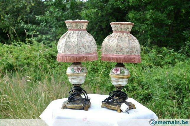 § paire de lampe laiton et barbotine abat jour petite fleur, Antiek en Kunst, Antiek | Verlichting, Ophalen of Verzenden