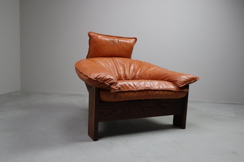 Vintage tripod lounge chair in leather, rattan and oak, Antiek en Kunst, Ophalen