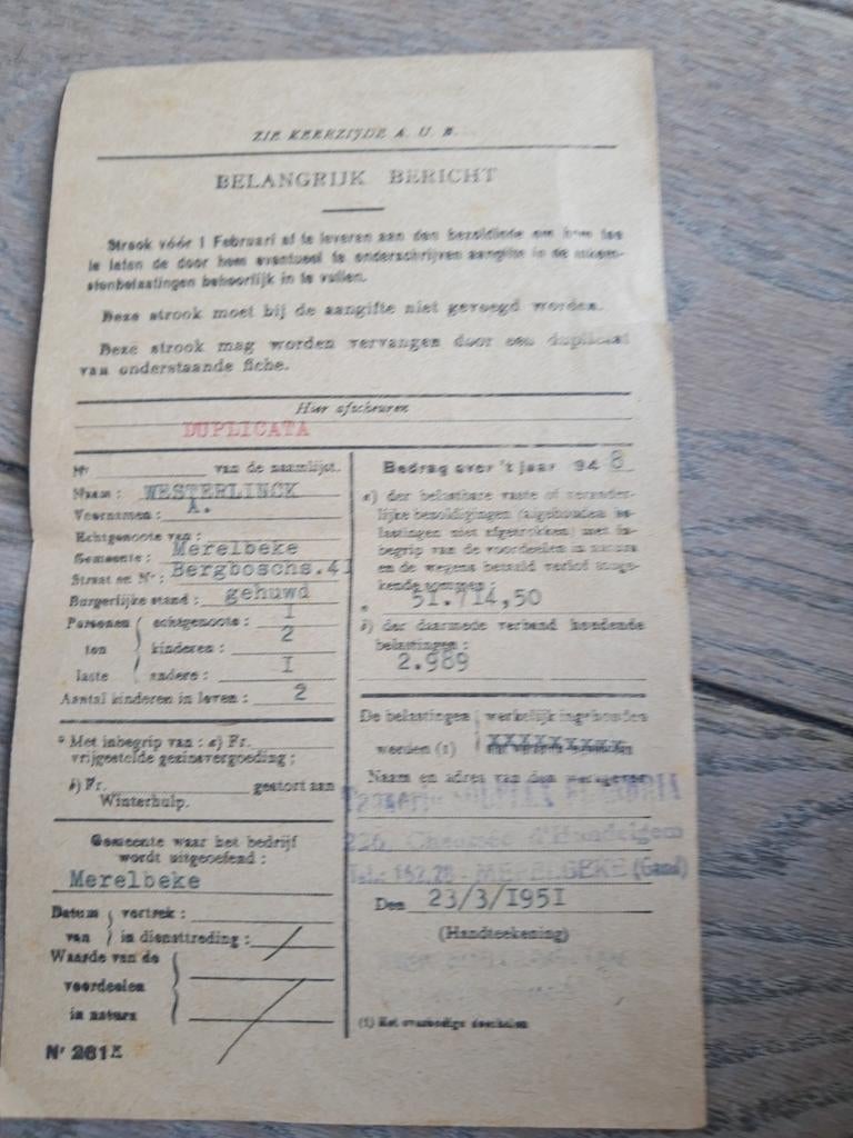 Oud document belastingen, aanslagjaar 1948, Merelbeke 1951, Ophalen of Verzenden