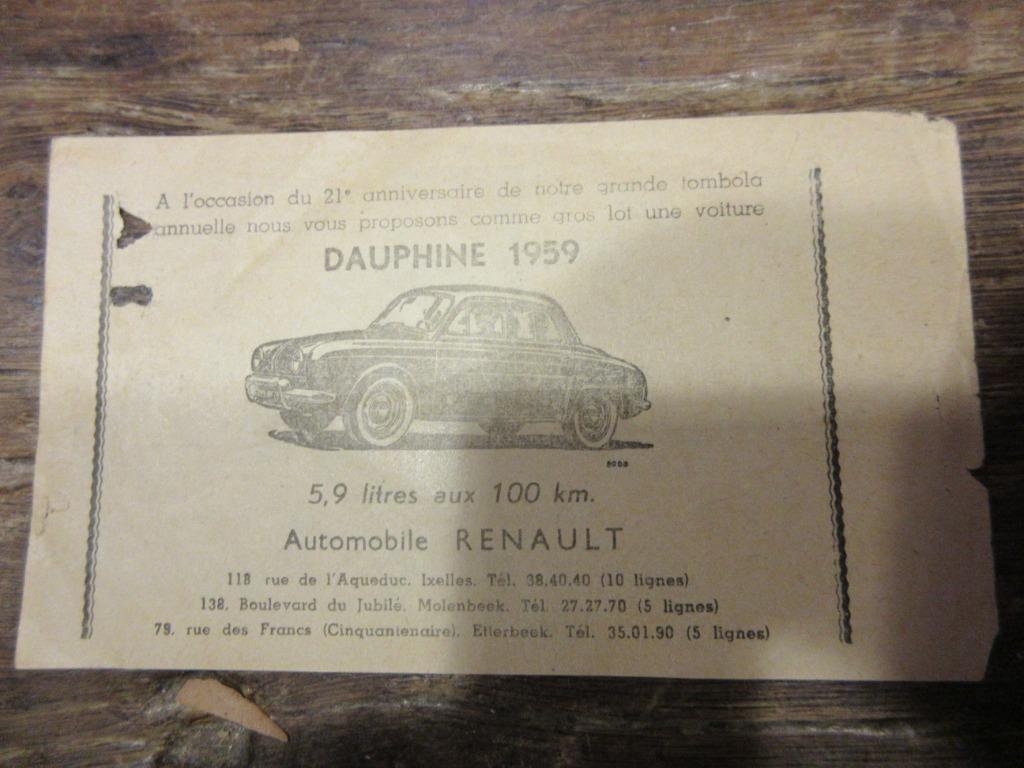 Tombolabiljet trekking 13.07.1959 Renault Dauphine vintage, Antiek en Kunst, Ophalen