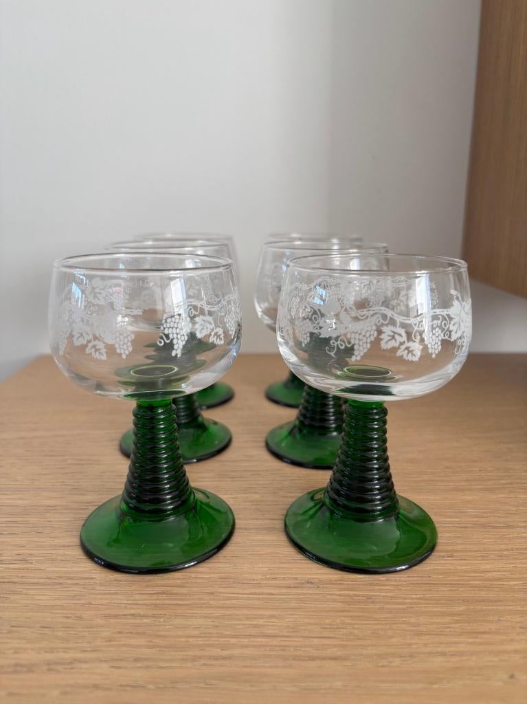 Vintage Roemer-wijnglazen - set van 6 glazen groene steel, Verzamelen, Ophalen of Verzenden, Zo goed als nieuw, Overige typen