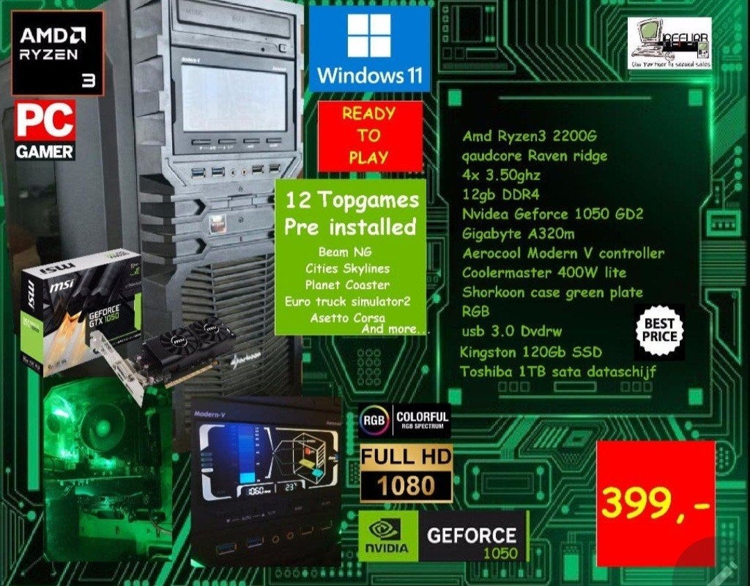 Amd Ryzen3 2200g 12gb ssd +1tb gtx1050 msi win11, Informatique & Logiciels, Enlèvement, Gaming, SSD