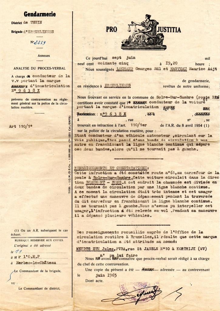 Gendarmerie Pro Justitia Thuin Erquelinnes 1965, Enlèvement ou Envoi