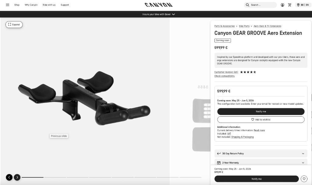 Canyon Gear Groove aero extension (TT tijdrit stuur), Ophalen, Zo goed als nieuw, Stuur