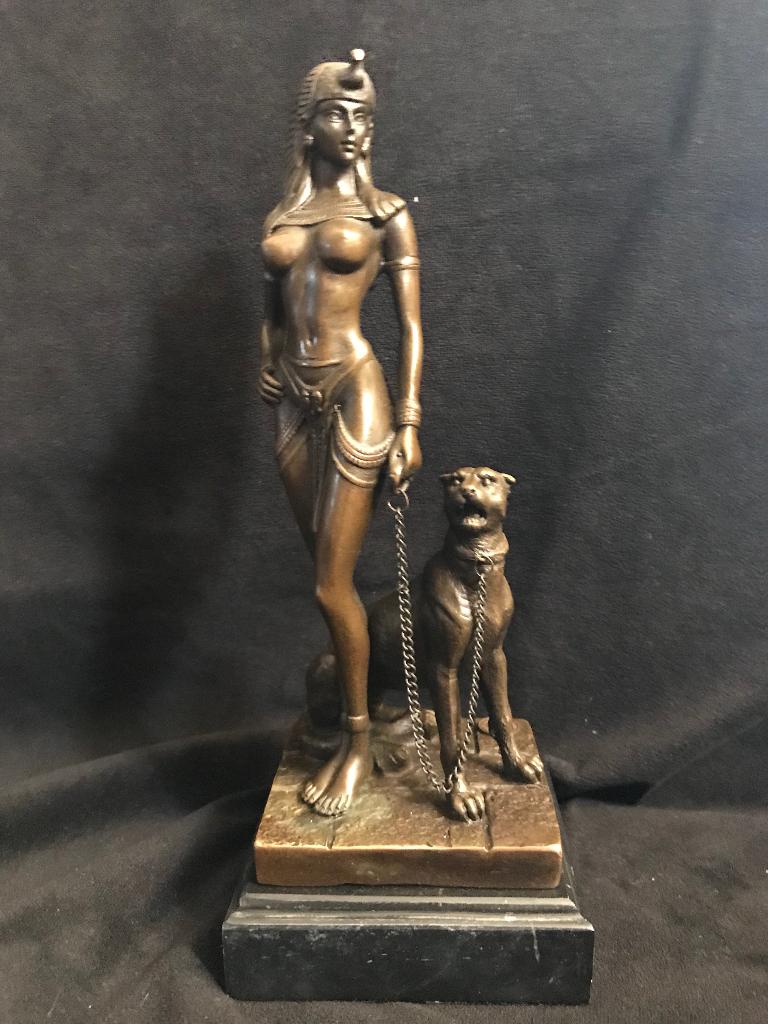 Bronzen Cleopatra/panter Cesaro/stempel zuiver fraai brons, Antiek en Kunst, Ophalen of Verzenden, Brons, Beeld