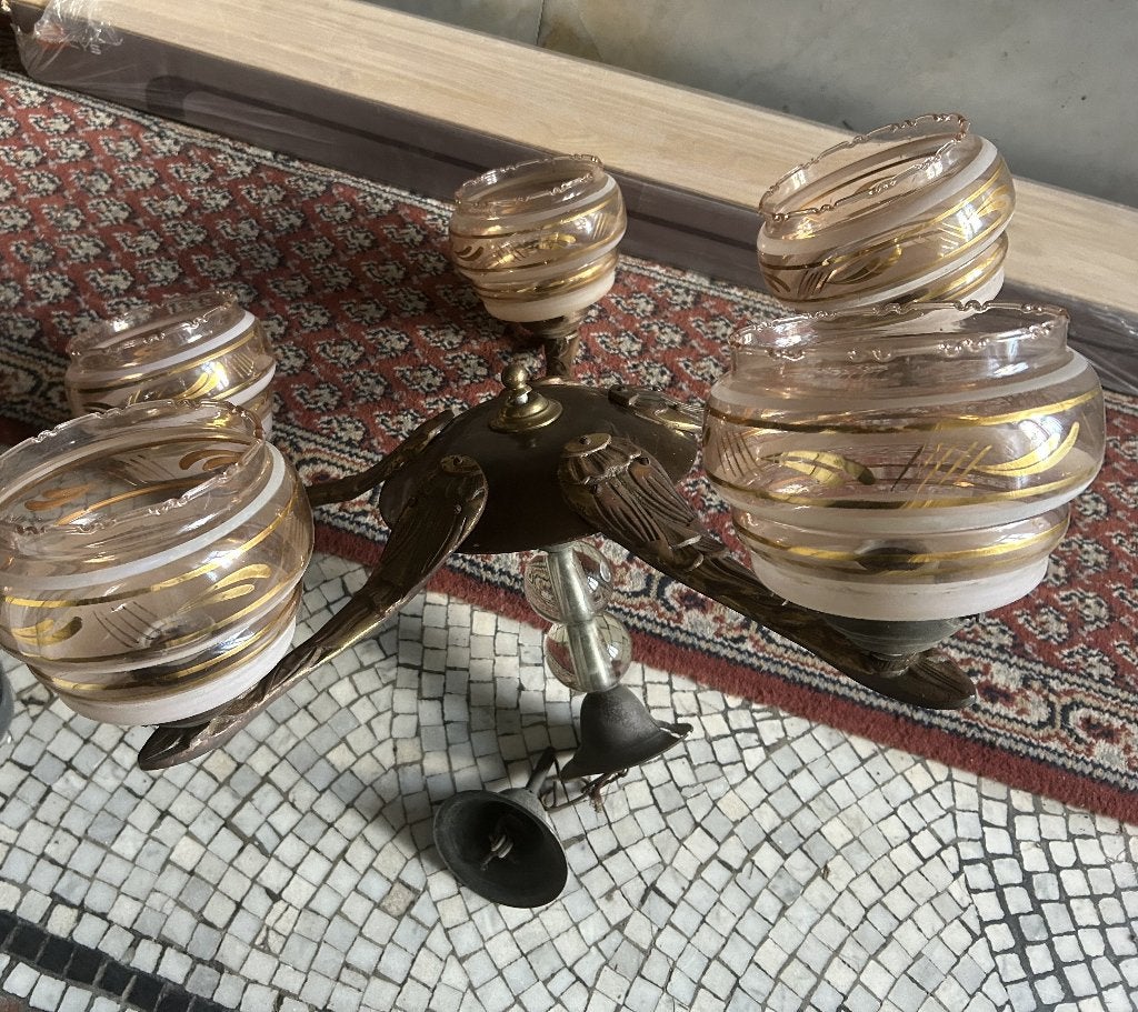 Art Deco vijf armige luster met opaline glas uit de jaren 30, Antiek en Kunst, Ophalen