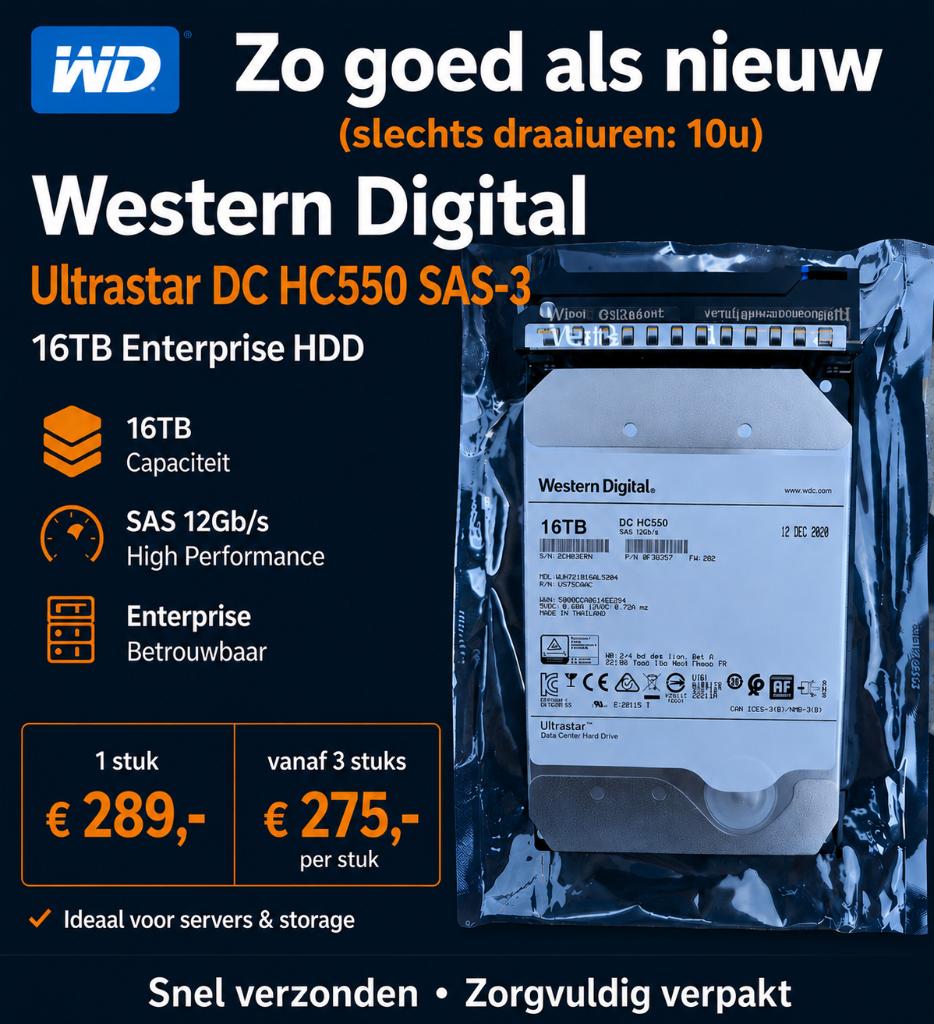 WD Ultrastar 16TB | SAS-3 | 10 Draaiuren (6st voorraad), Intern, Server, HDD, 16TB
