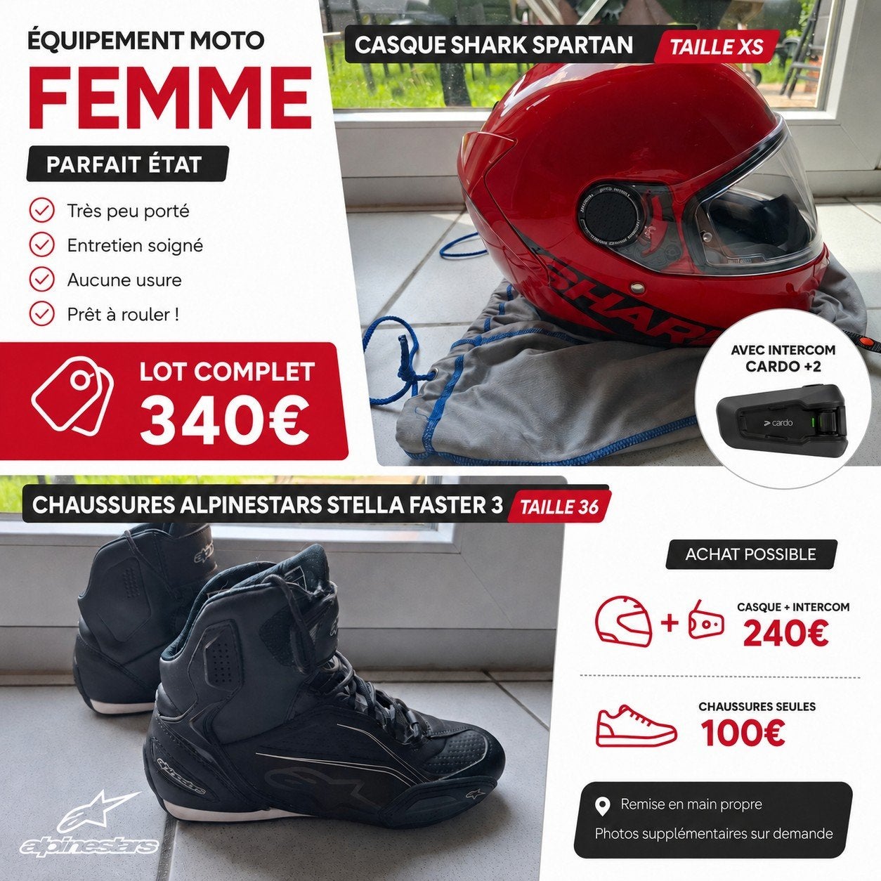 VENTE ÉQUIPEMENT PARTIEL MOTO FEMME, Motos, Enlèvement