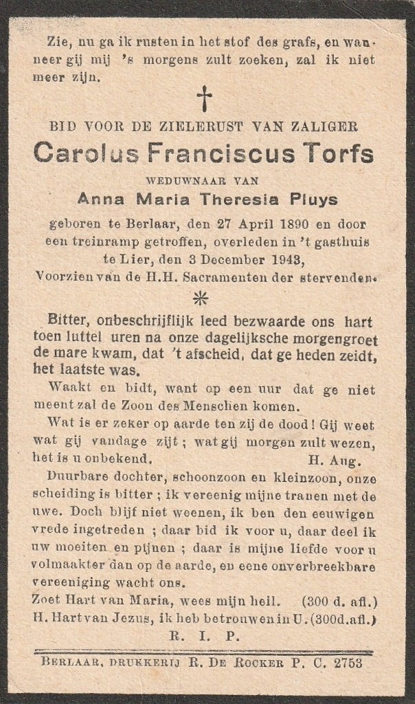 Oorlog 1940-45  Treinramp Lier Carolus Torfs, Verzamelen, Ophalen of Verzenden