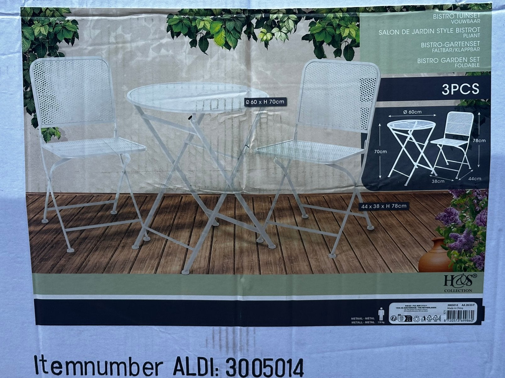 Witte bistro tuinset met tafel en 2 stoelen. In goede staat, Ophalen of Verzenden, Nieuw, Tuinset