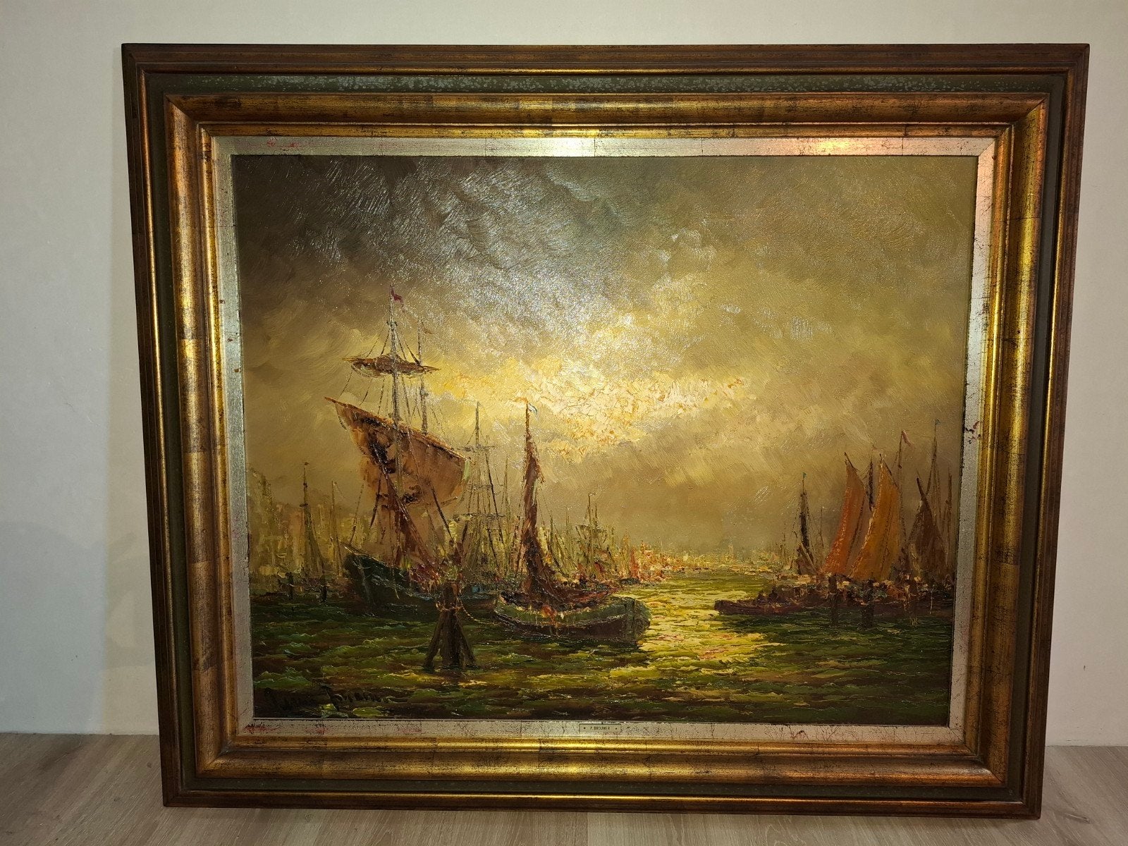 Zicht op haven door Peter Brouwer, Ophalen, Maritiem / water, Doek, Gesigneerd