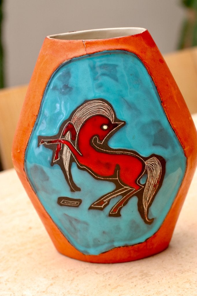 Vase Céramique Italie vintage 1960 faïence et cuir cheval, Antiquités & Art, Enlèvement ou Envoi