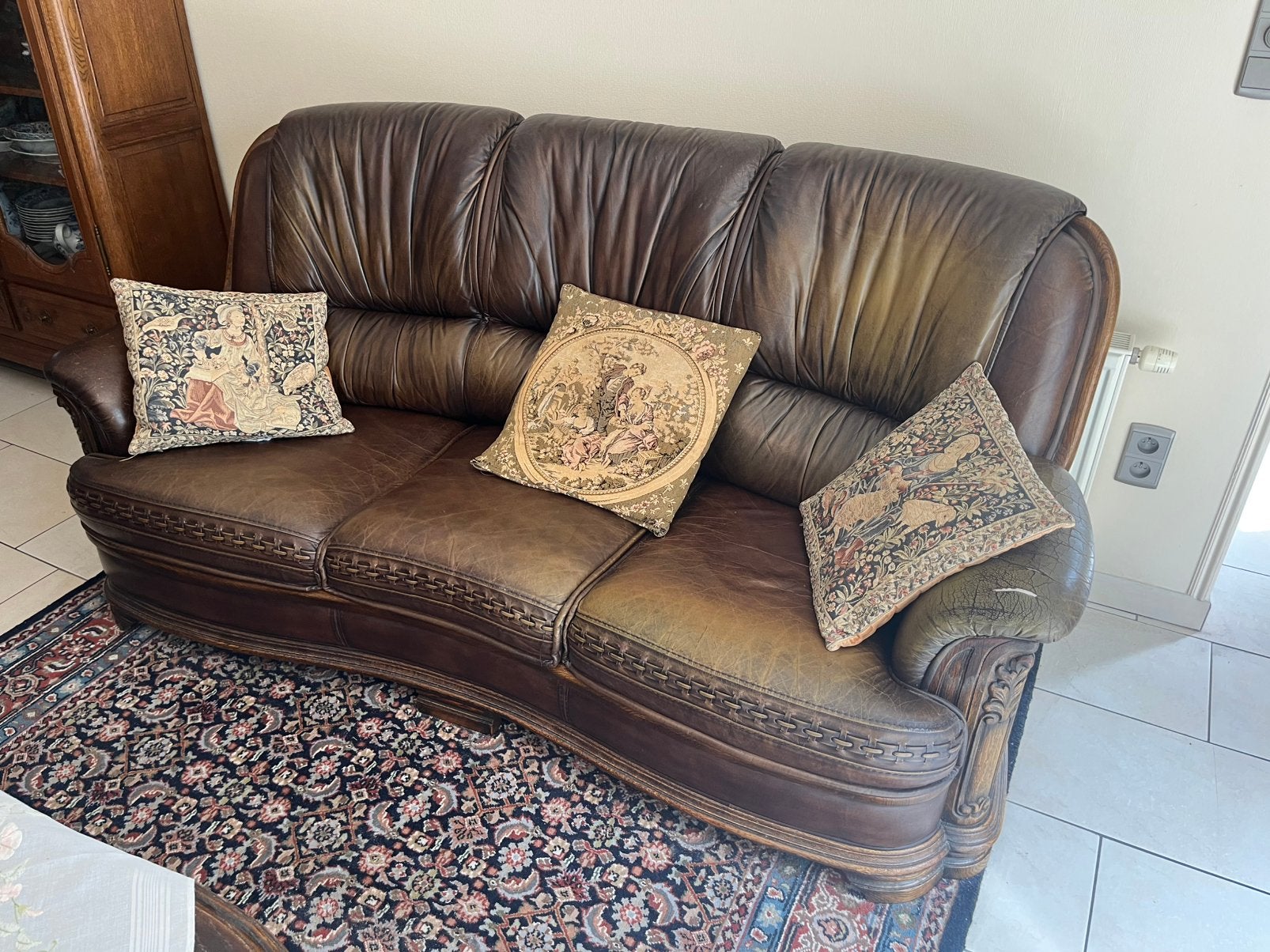 Salon bruin leder, Huis en Inrichting, Ophalen, Gebruikt, Hout