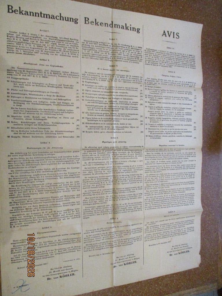 Affiche allemande. Boîte de 1917. Réclamations, Enlèvement ou Envoi