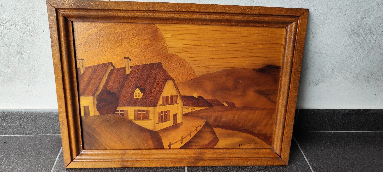 intarsia en bois, décor rural, chalet près de l'eau, Enlèvement