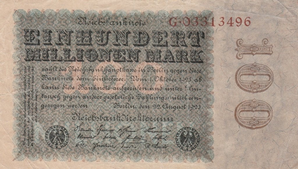 100 miljoen mark (Reichsbanknote) uit 1923, Ophalen of Verzenden, Duitsland
