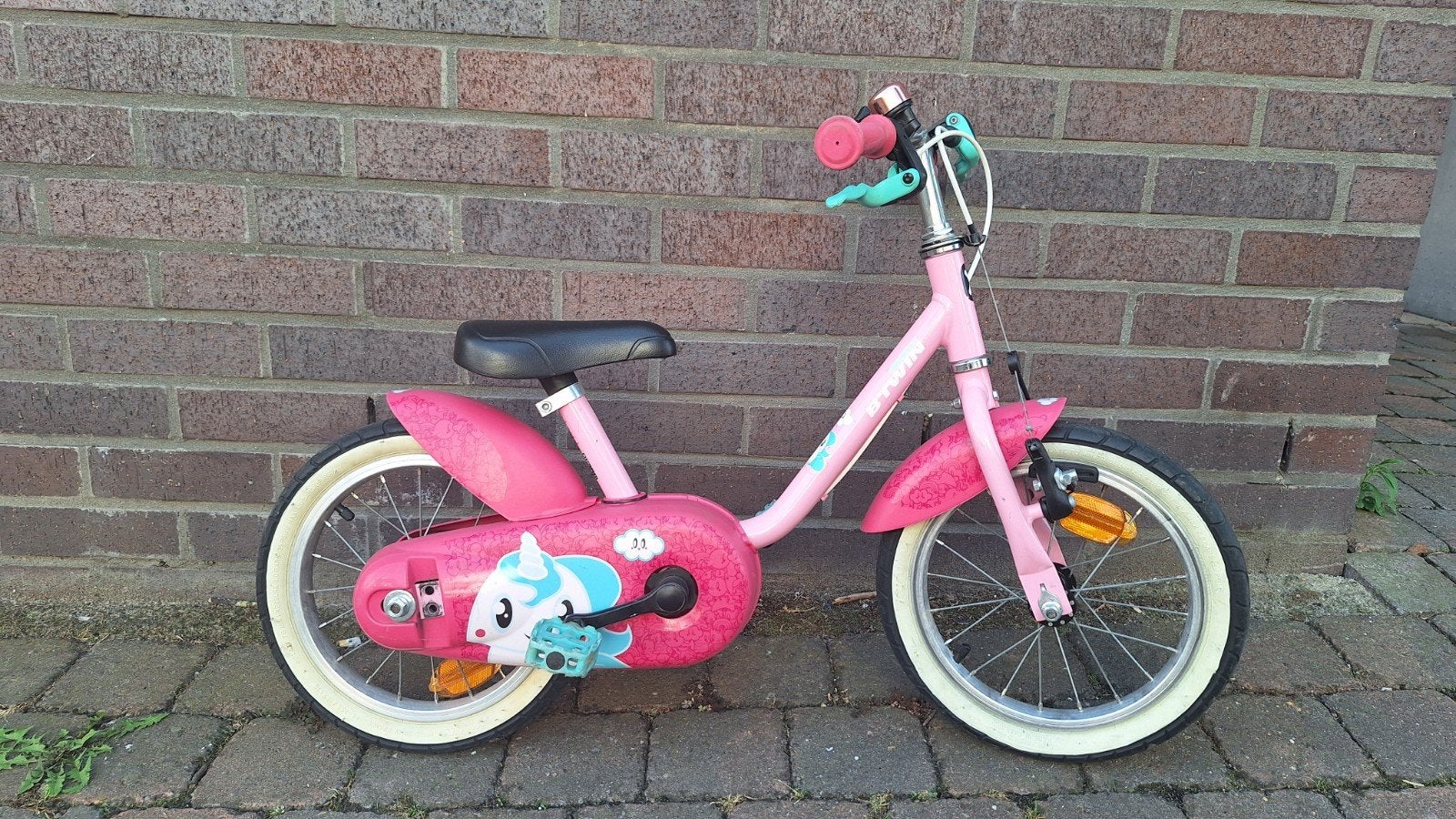 B'Twin 500 Unicorn 14 inch kinderfiets  roze, Ophalen, Zijwieltjes, Gebruikt, Velgrem