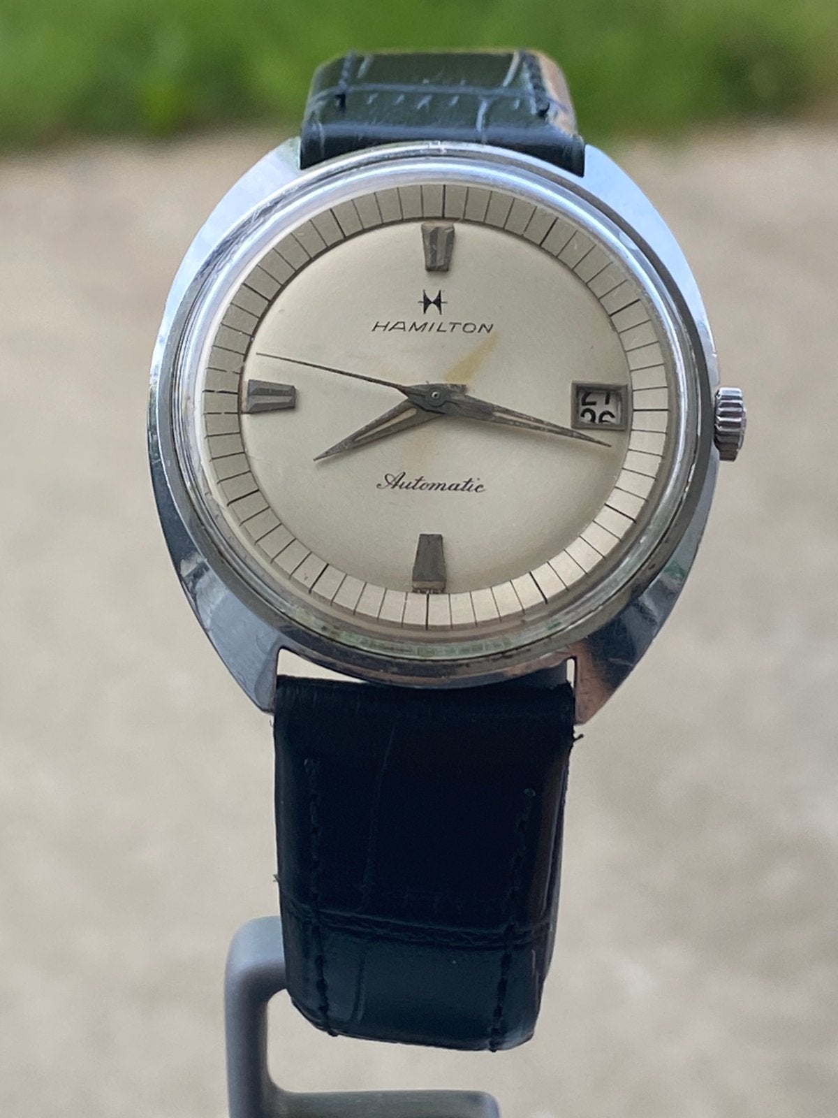 Hamilton Automatic C-Shape '60 Vintage, Montre-bracelet, Enlèvement ou Envoi, Cuir, Acier