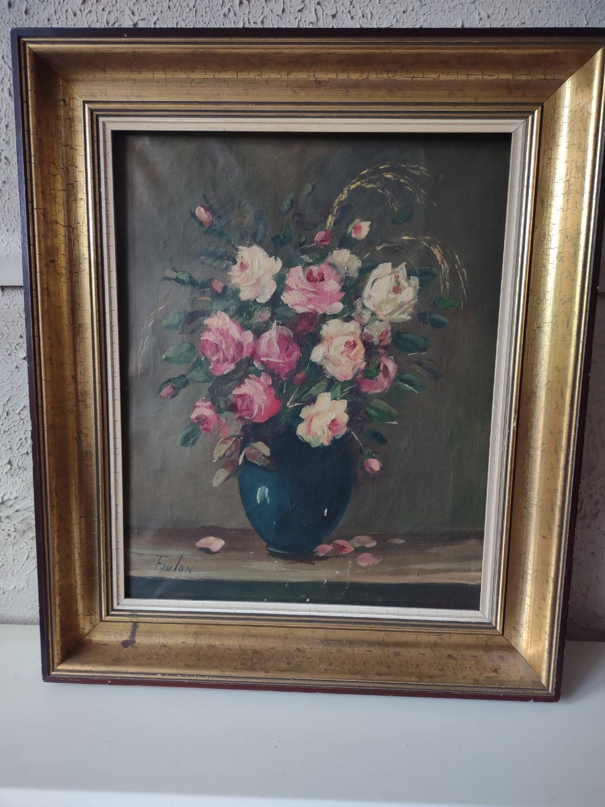 Schilderij 'Bloemen in vaas' gesigneerd door Foulon, Antiek en Kunst, Kunst | Schilderijen | Klassiek, Doek, Olieverf, Klassiek