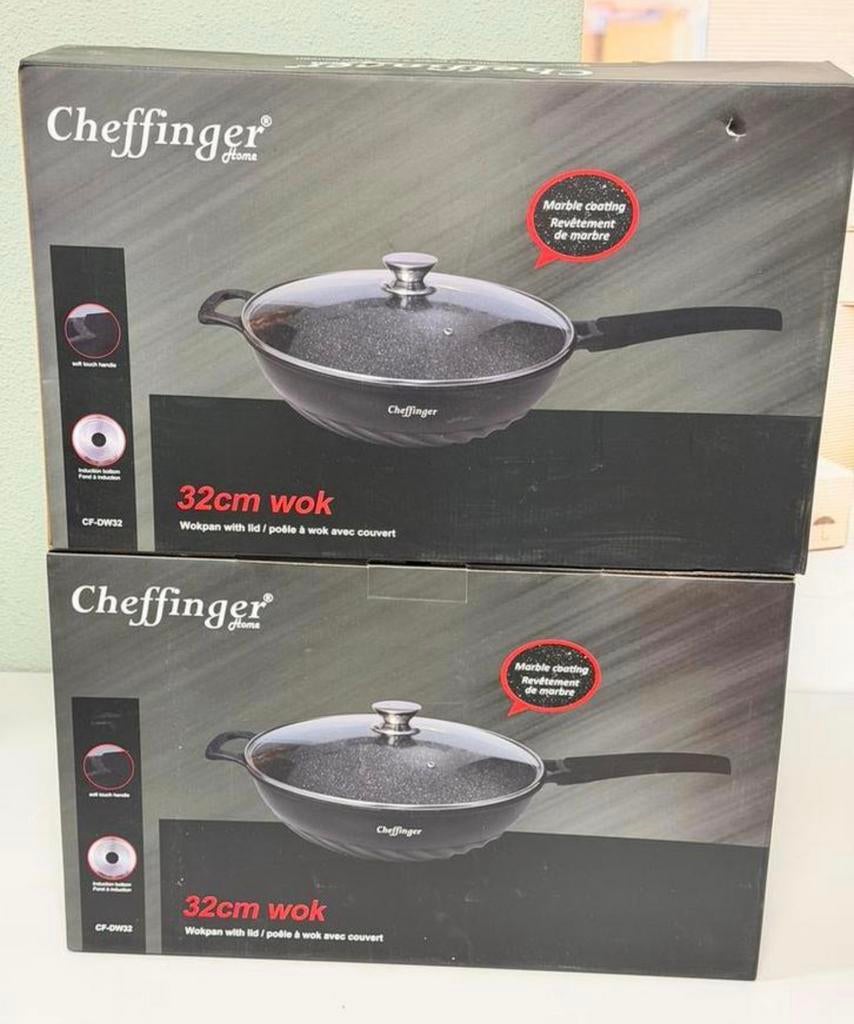 Cheffinger Wokpan wok-pan XL 32 cm met Deksel Inductie Nieuw, Ophalen of Verzenden, Keramische plaat, Wok, Nieuw