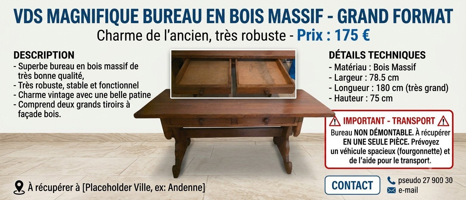 bureau en bois avec tiroir, Maison & Meubles, 78 cm, Bureau d'ordinateur, Enlèvement, Brun