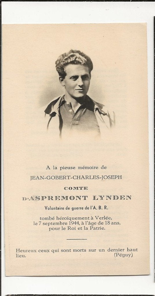 ww2 doodsprentje verzet ABR foto adel graaf aspremont +1944, Verzamelen, Bidprentjes en Rouwkaarten, Ophalen of Verzenden, Bidprentje