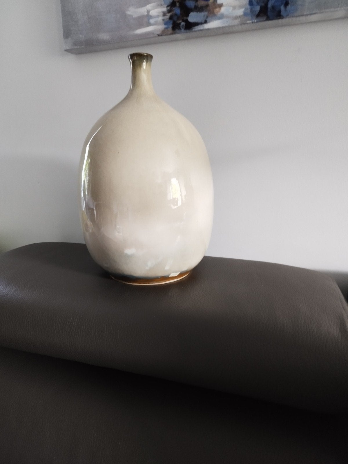 Vase en céramique émaillée beige et brun au col, Maison & Meubles, Enlèvement, Beige