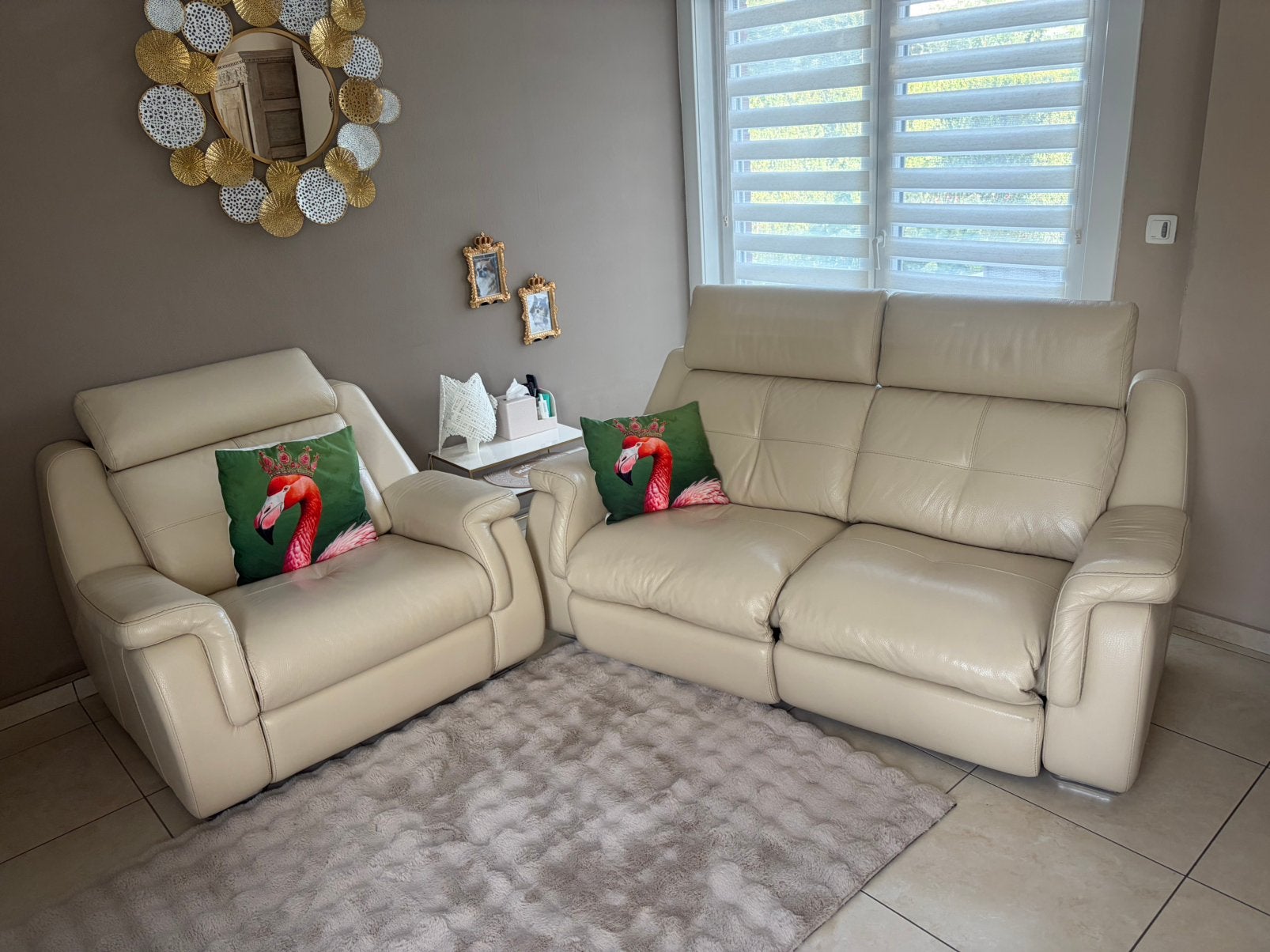 Salon cuir beige avec relax électrique, Maison & Meubles, Enlèvement, Utilisé, Cuir, Comtemporain